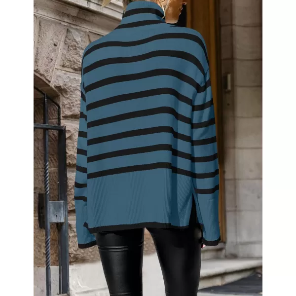 imageZESICA Womens 2023 Winter Sweaters Casual Turtleneck Long Sleeve Striped Side Slit Loose Pullover Sweater Jumper TopsDustyblue