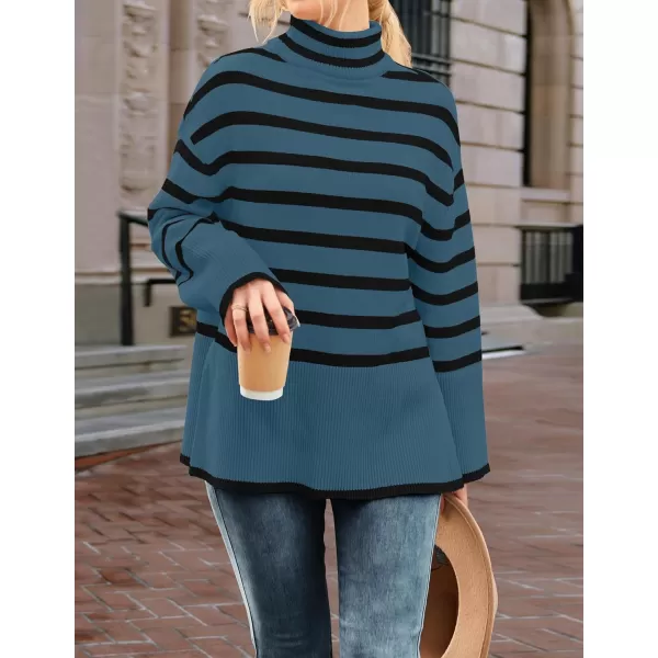 imageZESICA Womens 2023 Winter Sweaters Casual Turtleneck Long Sleeve Striped Side Slit Loose Pullover Sweater Jumper TopsDustyblue