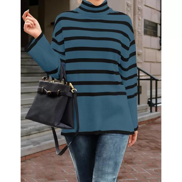 imageZESICA Womens 2023 Winter Sweaters Casual Turtleneck Long Sleeve Striped Side Slit Loose Pullover Sweater Jumper TopsDustyblue