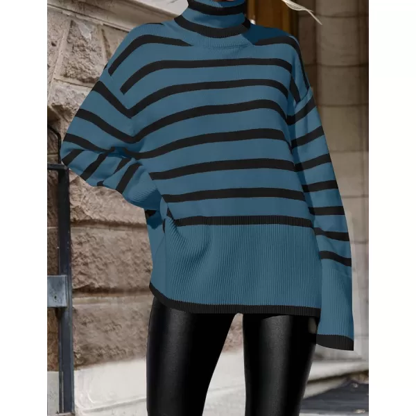 imageZESICA Womens 2023 Winter Sweaters Casual Turtleneck Long Sleeve Striped Side Slit Loose Pullover Sweater Jumper TopsDustyblue