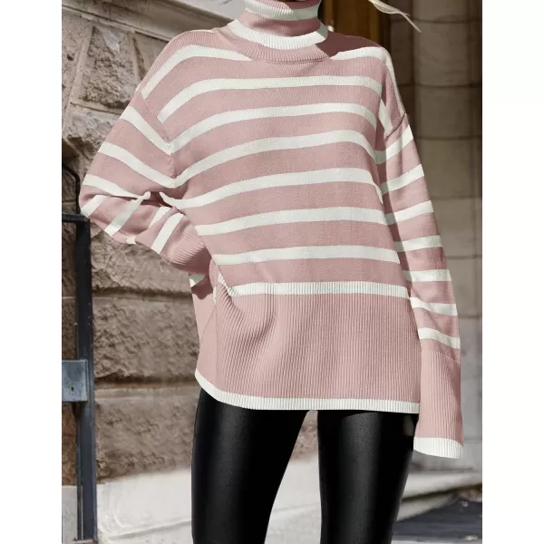 imageZESICA Womens 2023 Winter Sweaters Casual Turtleneck Long Sleeve Striped Side Slit Loose Pullover Sweater Jumper TopsDustypink