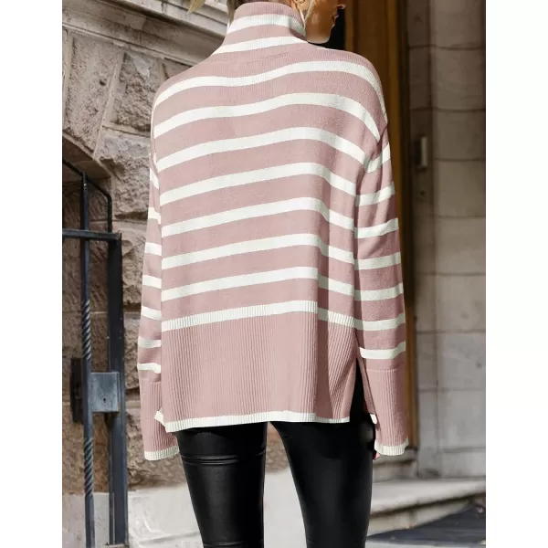 imageZESICA Womens 2023 Winter Sweaters Casual Turtleneck Long Sleeve Striped Side Slit Loose Pullover Sweater Jumper TopsDustypink