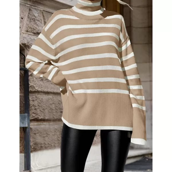 imageZESICA Womens 2023 Winter Sweaters Casual Turtleneck Long Sleeve Striped Side Slit Loose Pullover Sweater Jumper TopsKhaki