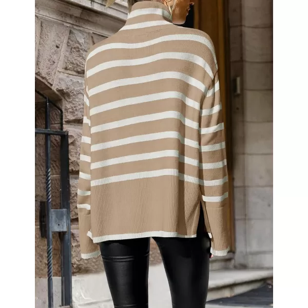 imageZESICA Womens 2023 Winter Sweaters Casual Turtleneck Long Sleeve Striped Side Slit Loose Pullover Sweater Jumper TopsKhaki