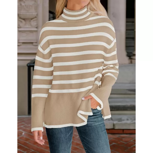 imageZESICA Womens 2023 Winter Sweaters Casual Turtleneck Long Sleeve Striped Side Slit Loose Pullover Sweater Jumper TopsKhaki