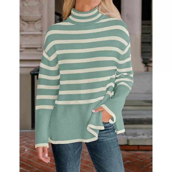 imageZESICA Womens 2023 Winter Sweaters Casual Turtleneck Long Sleeve Striped Side Slit Loose Pullover Sweater Jumper TopsLake
