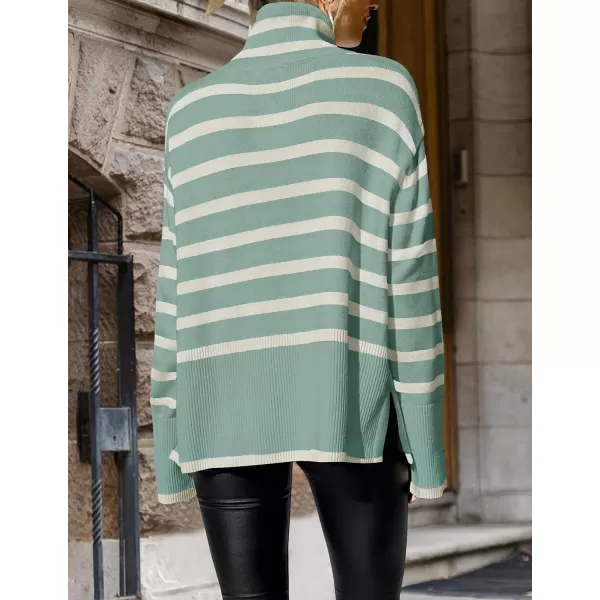 imageZESICA Womens 2023 Winter Sweaters Casual Turtleneck Long Sleeve Striped Side Slit Loose Pullover Sweater Jumper TopsLake