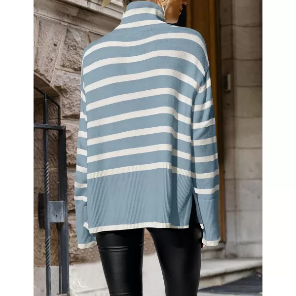 imageZESICA Womens 2023 Winter Sweaters Casual Turtleneck Long Sleeve Striped Side Slit Loose Pullover Sweater Jumper TopsLightblue