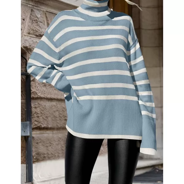 imageZESICA Womens 2023 Winter Sweaters Casual Turtleneck Long Sleeve Striped Side Slit Loose Pullover Sweater Jumper TopsLightblue