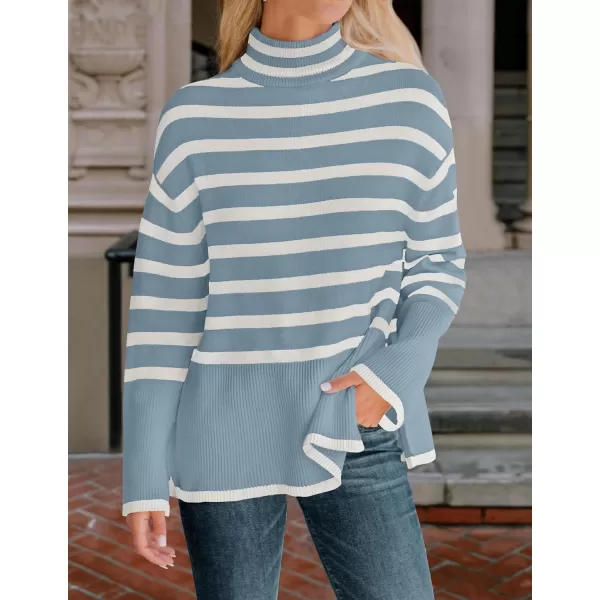 imageZESICA Womens 2023 Winter Sweaters Casual Turtleneck Long Sleeve Striped Side Slit Loose Pullover Sweater Jumper TopsLightblue