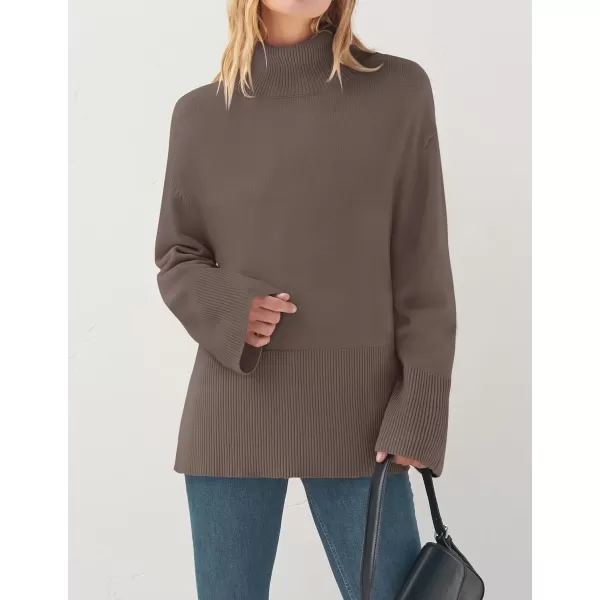 imageZESICA Womens 2023 Winter Sweaters Casual Turtleneck Long Sleeve Striped Side Slit Loose Pullover Sweater Jumper TopsNutmeg