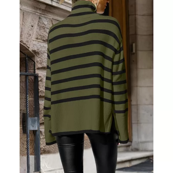 imageZESICA Womens 2023 Winter Sweaters Casual Turtleneck Long Sleeve Striped Side Slit Loose Pullover Sweater Jumper TopsOlive
