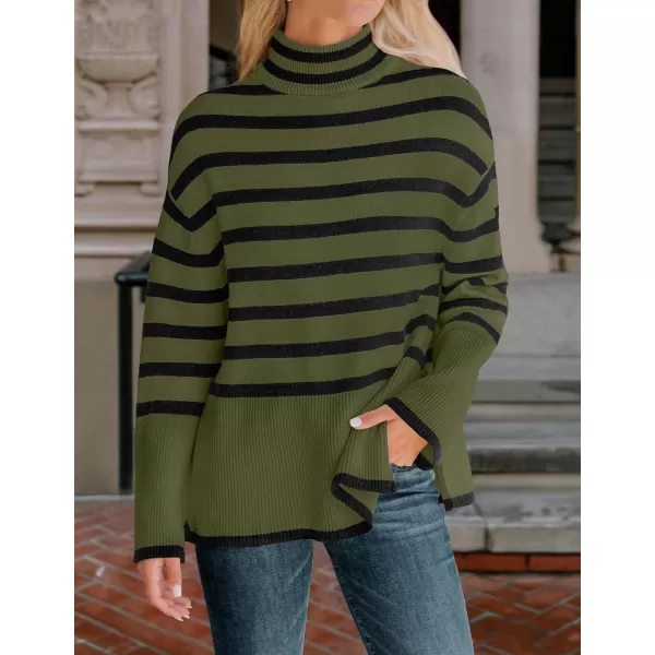 imageZESICA Womens 2023 Winter Sweaters Casual Turtleneck Long Sleeve Striped Side Slit Loose Pullover Sweater Jumper TopsOlive