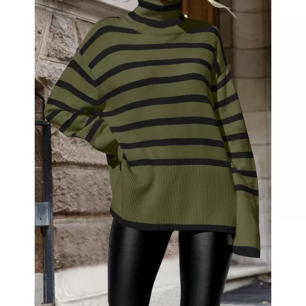 imageZESICA Womens 2023 Winter Sweaters Casual Turtleneck Long Sleeve Striped Side Slit Loose Pullover Sweater Jumper TopsOlive