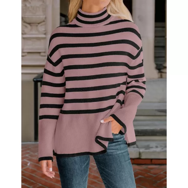imageZESICA Womens 2023 Winter Sweaters Casual Turtleneck Long Sleeve Striped Side Slit Loose Pullover Sweater Jumper TopsPurple