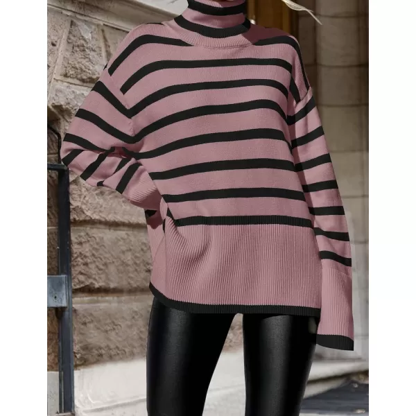 imageZESICA Womens 2023 Winter Sweaters Casual Turtleneck Long Sleeve Striped Side Slit Loose Pullover Sweater Jumper TopsPurple
