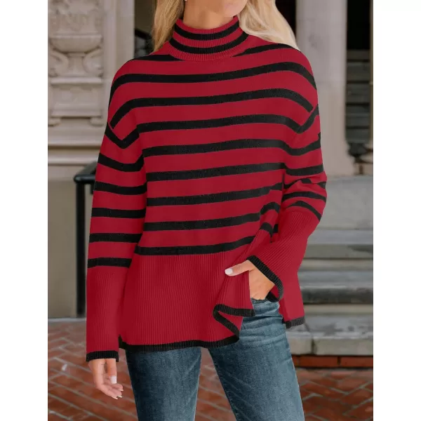 imageZESICA Womens 2023 Winter Sweaters Casual Turtleneck Long Sleeve Striped Side Slit Loose Pullover Sweater Jumper TopsRed