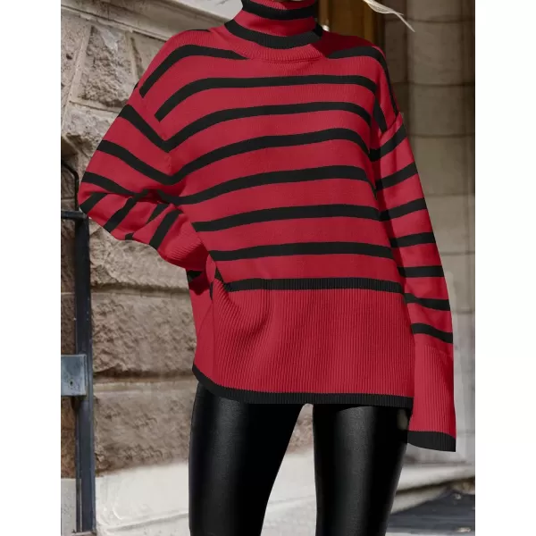 imageZESICA Womens 2023 Winter Sweaters Casual Turtleneck Long Sleeve Striped Side Slit Loose Pullover Sweater Jumper TopsRed