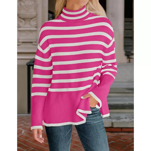 imageZESICA Womens 2023 Winter Sweaters Casual Turtleneck Long Sleeve Striped Side Slit Loose Pullover Sweater Jumper TopsRose