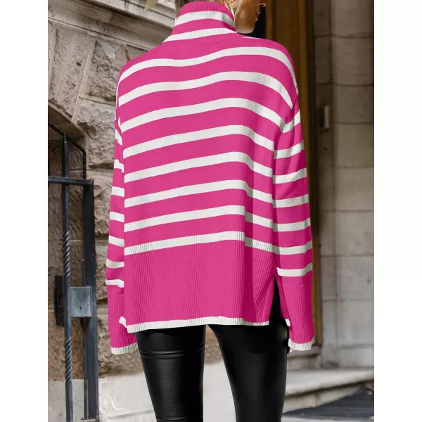 imageZESICA Womens 2023 Winter Sweaters Casual Turtleneck Long Sleeve Striped Side Slit Loose Pullover Sweater Jumper TopsRose