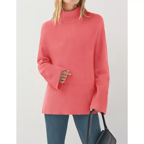 imageZESICA Womens 2023 Winter Sweaters Casual Turtleneck Long Sleeve Striped Side Slit Loose Pullover Sweater Jumper TopsWatermelon