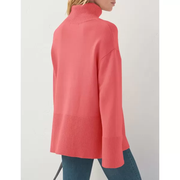 imageZESICA Womens 2023 Winter Sweaters Casual Turtleneck Long Sleeve Striped Side Slit Loose Pullover Sweater Jumper TopsWatermelon