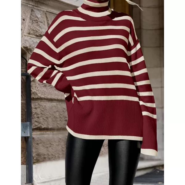 imageZESICA Womens 2023 Winter Sweaters Casual Turtleneck Long Sleeve Striped Side Slit Loose Pullover Sweater Jumper TopsWine
