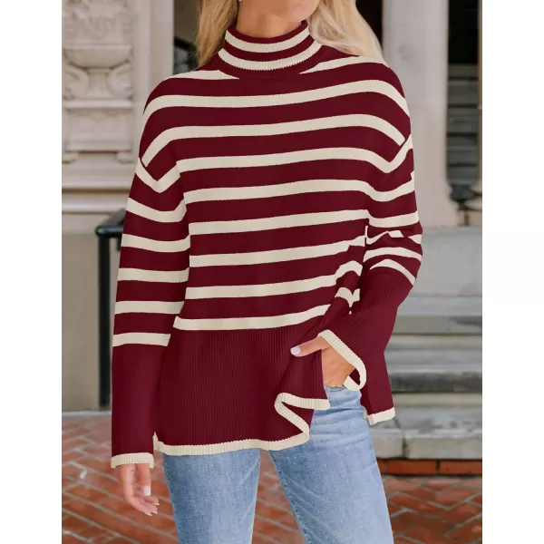 imageZESICA Womens 2023 Winter Sweaters Casual Turtleneck Long Sleeve Striped Side Slit Loose Pullover Sweater Jumper TopsWine