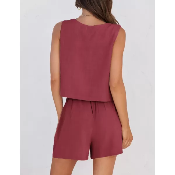 imageZESICA Womens 2024 2 Piece Set Linen Tank Crop Tops and Shorts Summer Two Piece Vacation Outfits TracksuitsFuchsia