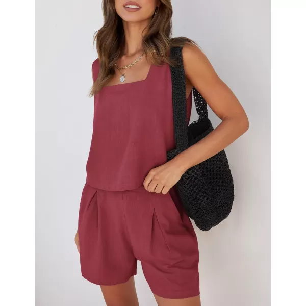 imageZESICA Womens 2024 2 Piece Set Linen Tank Crop Tops and Shorts Summer Two Piece Vacation Outfits TracksuitsFuchsia
