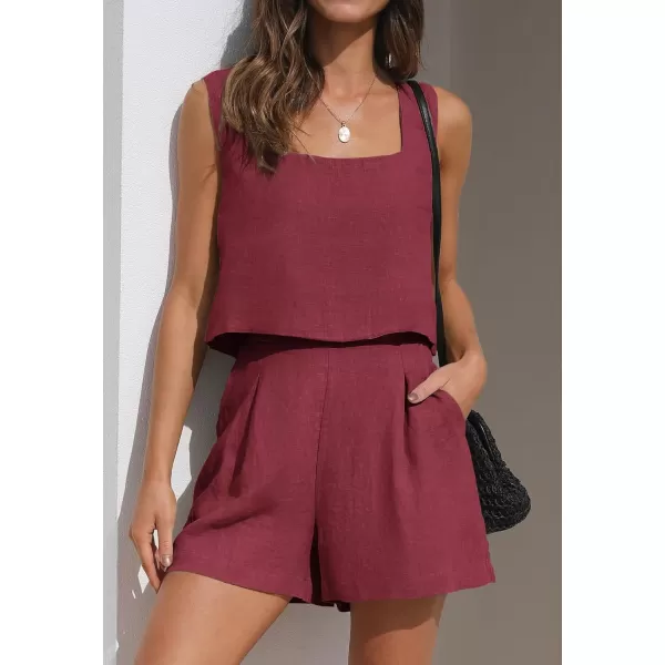 imageZESICA Womens 2024 2 Piece Set Linen Tank Crop Tops and Shorts Summer Two Piece Vacation Outfits TracksuitsPlum