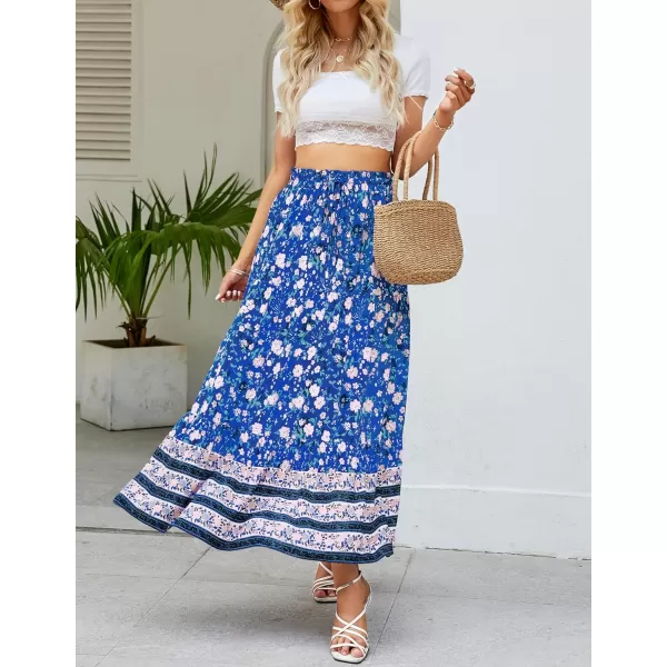 imageZESICA Womens 2024 Bohemian Floral Printed Elastic Waist A Line Maxi Skirt with PocketsBlue