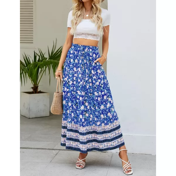 imageZESICA Womens 2024 Bohemian Floral Printed Elastic Waist A Line Maxi Skirt with PocketsBlue