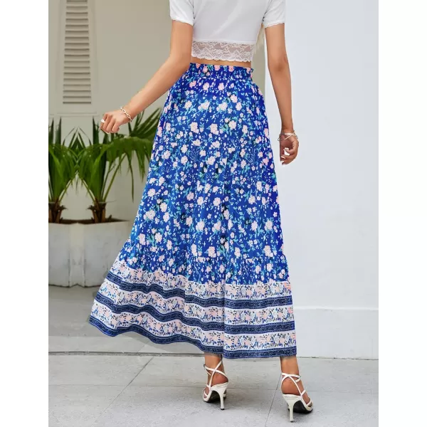 imageZESICA Womens 2024 Bohemian Floral Printed Elastic Waist A Line Maxi Skirt with PocketsBlue