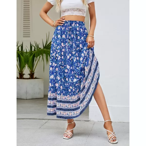 imageZESICA Womens 2024 Bohemian Floral Printed Elastic Waist A Line Maxi Skirt with PocketsBlue