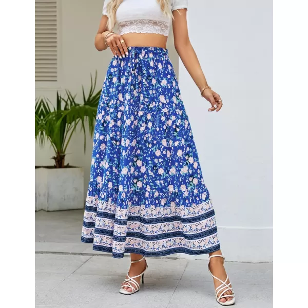 imageZESICA Womens 2024 Bohemian Floral Printed Elastic Waist A Line Maxi Skirt with PocketsBlue