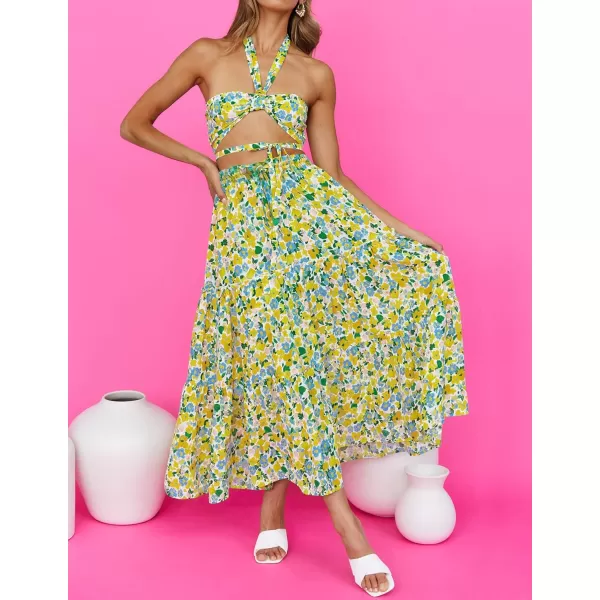 imageZESICA Womens 2024 Bohemian Floral Printed Elastic Waist A Line Maxi Skirt with PocketsChartreuse