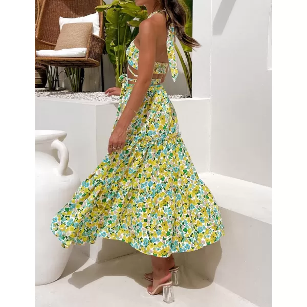 imageZESICA Womens 2024 Bohemian Floral Printed Elastic Waist A Line Maxi Skirt with PocketsChartreuse