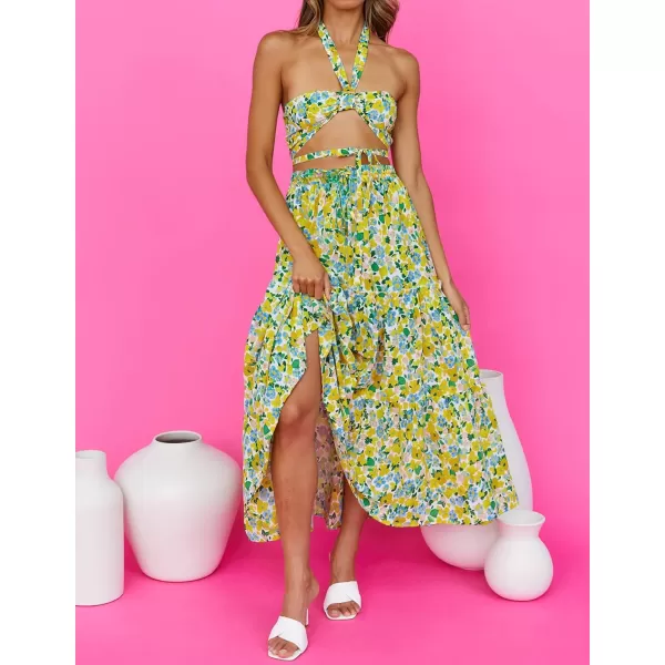 imageZESICA Womens 2024 Bohemian Floral Printed Elastic Waist A Line Maxi Skirt with PocketsChartreuse
