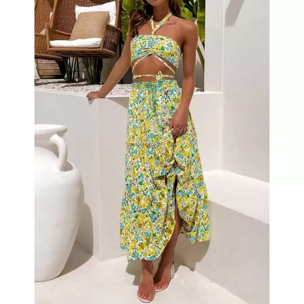 imageZESICA Womens 2024 Bohemian Floral Printed Elastic Waist A Line Maxi Skirt with PocketsChartreuse