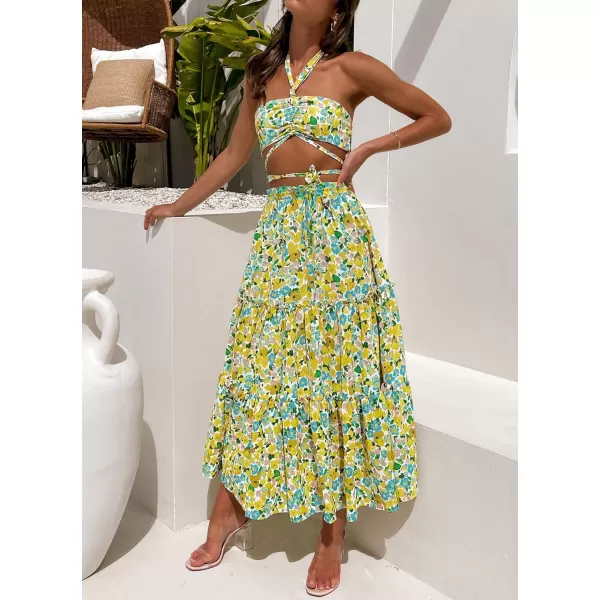 imageZESICA Womens 2024 Bohemian Floral Printed Elastic Waist A Line Maxi Skirt with PocketsChartreuse