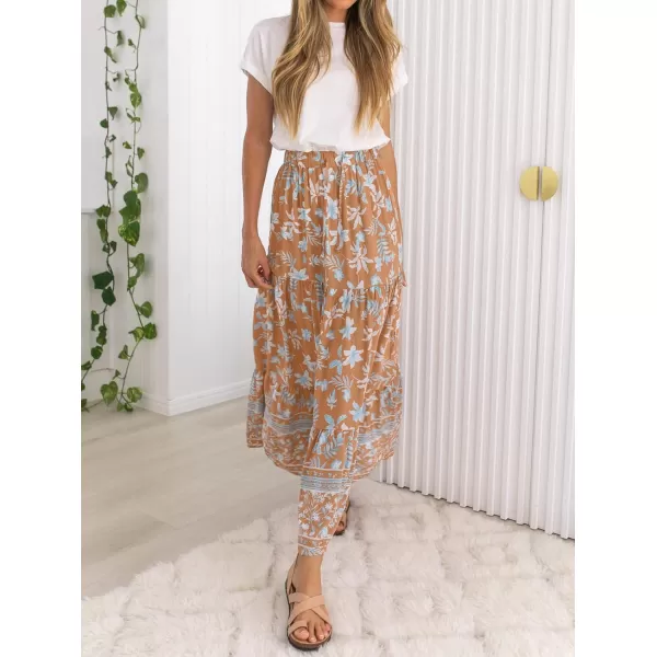 imageZESICA Womens 2024 Bohemian Floral Printed Elastic Waist A Line Maxi Skirt with PocketsClay