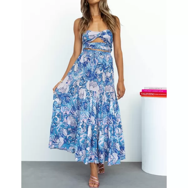imageZESICA Womens 2024 Bohemian Floral Printed Elastic Waist A Line Maxi Skirt with PocketsCobalt