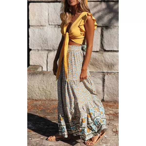 imageZESICA Womens 2024 Bohemian Floral Printed Elastic Waist A Line Maxi Skirt with PocketsCream
