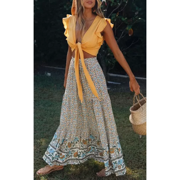 imageZESICA Womens 2024 Bohemian Floral Printed Elastic Waist A Line Maxi Skirt with PocketsCream