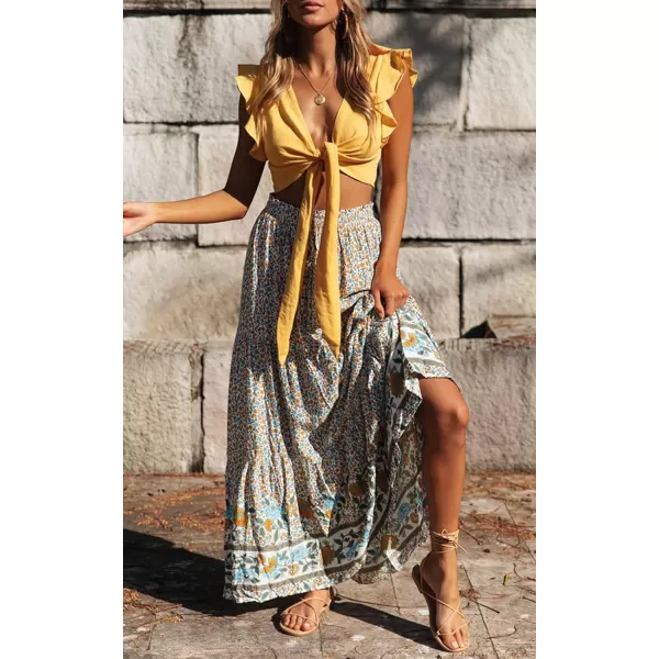 imageZESICA Womens 2024 Bohemian Floral Printed Elastic Waist A Line Maxi Skirt with PocketsCream
