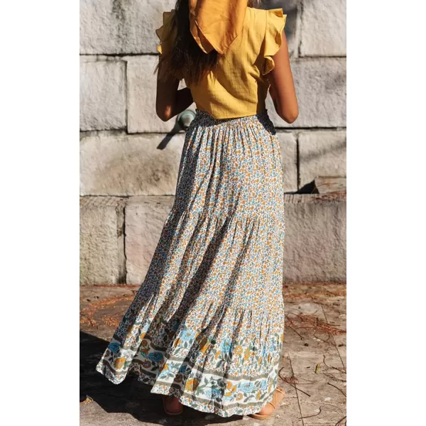 imageZESICA Womens 2024 Bohemian Floral Printed Elastic Waist A Line Maxi Skirt with PocketsCream