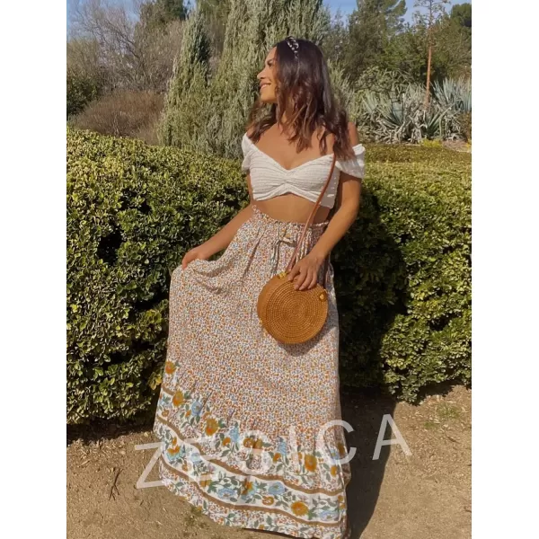 imageZESICA Womens 2024 Bohemian Floral Printed Elastic Waist A Line Maxi Skirt with PocketsCream
