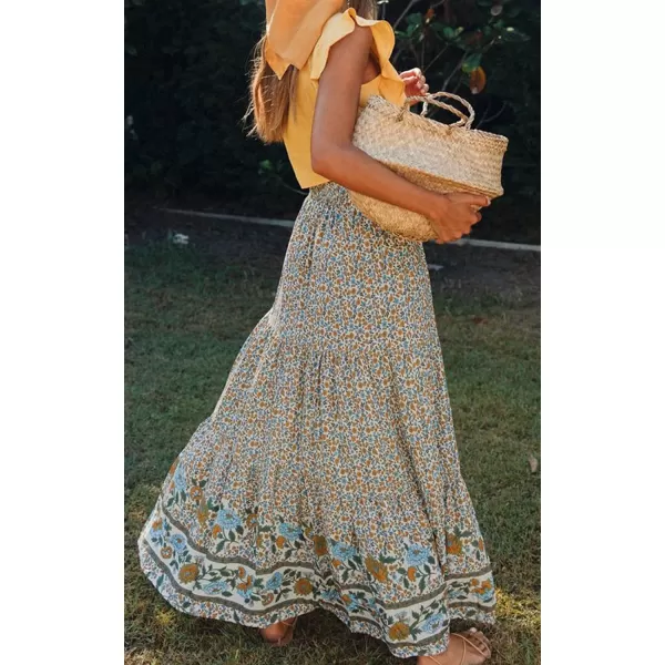 imageZESICA Womens 2024 Bohemian Floral Printed Elastic Waist A Line Maxi Skirt with PocketsCream