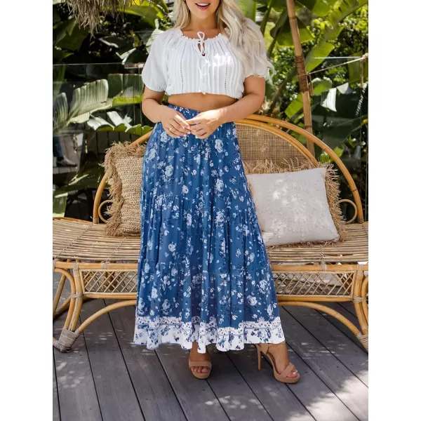 imageZESICA Womens 2024 Bohemian Floral Printed Elastic Waist A Line Maxi Skirt with PocketsDarkblue